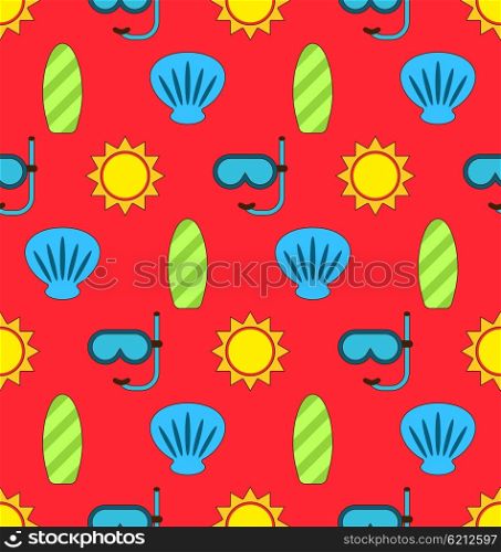 Illustration Colorful Seamless Wallpaper or Background with Icons Of Sun, Surf Board, Sea Shell, Diving Mask. Summer Pattern - Vector