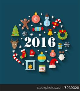Illustration Colorful Simple Flat Icons with Long Shadows for Happy New Year 2016 - Vector