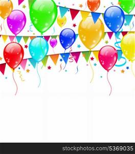 Illustration colourful party balloons, confetti with space for text - vector