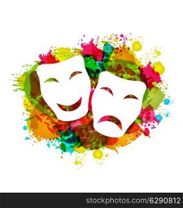 Illustration comedy and tragedy simple masks for Carnival on colorful grunge background - vector