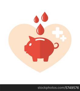 Illustration concept flat medical icons of piggy bank as blood donation - vector