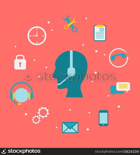 Illustration Concept of Call Center with Operator with Headset, Helpdesk Service - Vector