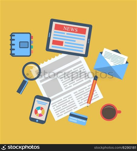 Illustration concept of creative office workspace, workplace, modern flat icons - vector