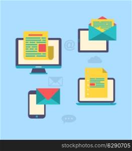 Illustration concept of email marketing via electronic gadgets - newsletter and subscription, flat trendy icons - vector