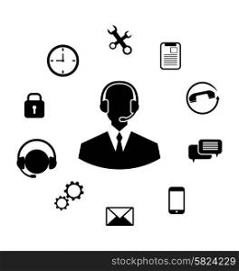 Illustration Concept of Help Desk Service, Call Center with Operator with Headset, Minimalistic Icons - Vector
