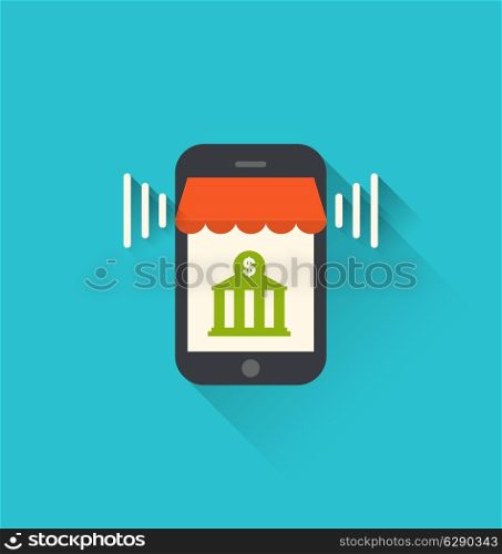 Illustration concept of on line store. Sale, mobile phone with awning - vector