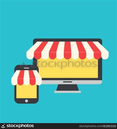 Illustration concept of online shop, e-commerce, flat icons style of computer and mobile phone - vector
