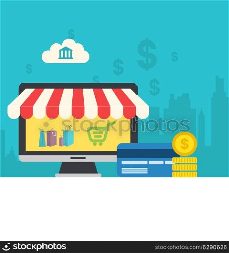 Illustration concept of online shop, flat icons of computer, credit card and coins, cityscape - vector