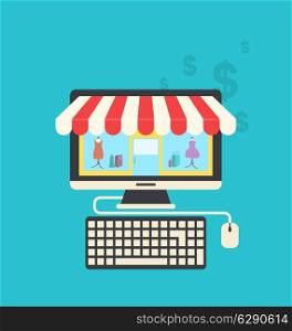 Illustration concept of online shop, flat icons of computer, keyboard and mouse - vector