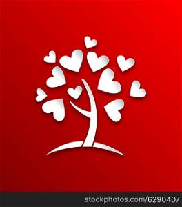 Illustration concept of tree with heart leaves, paper cut style - vector