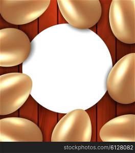 Illustration Congratulation Card with Easter Golden Glossy Eggs on Wooden Background - Vector