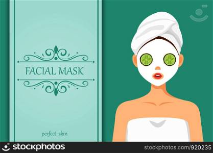 Illustration cute character facial mask cucumber. Treatments. beauty perfect skin.