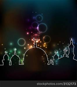 Illustration cute glowing background with mosque - vector