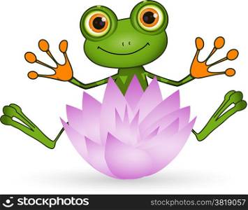 Illustration cute green frog with lotus flower