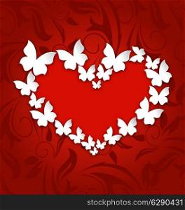 Illustration cute postcard with heart made in paper butterflies for Valentine Day, copy space for your text - vector