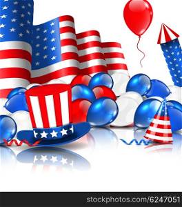 Illustration Cute Wallpaper in National American Colors with Balloons, Party Hats, Firework Rocket, Flag and Confetti - Vector