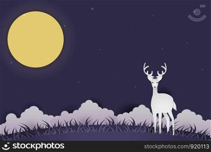 Illustration Deer alone on grass field over clouds at night with full moon and starlight . Wildlife Conservation , Paper sculpture art vector