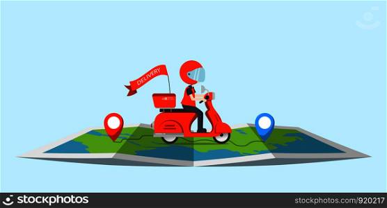 Illustration Delivery Ride Motorcycle Service Cute character with map , Order many branches Worldwide Shipping, Fast and Free Transport, food express, vector cartoon shopping online