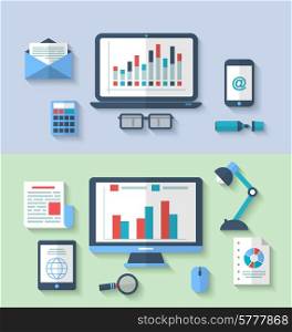 Illustration designed banners with flat icon of modern designer desktop, application with interface objects and elements in minimalistic style, long shadows - vector