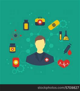 Illustration doctor with medical icons for web design, modern flat style - vector