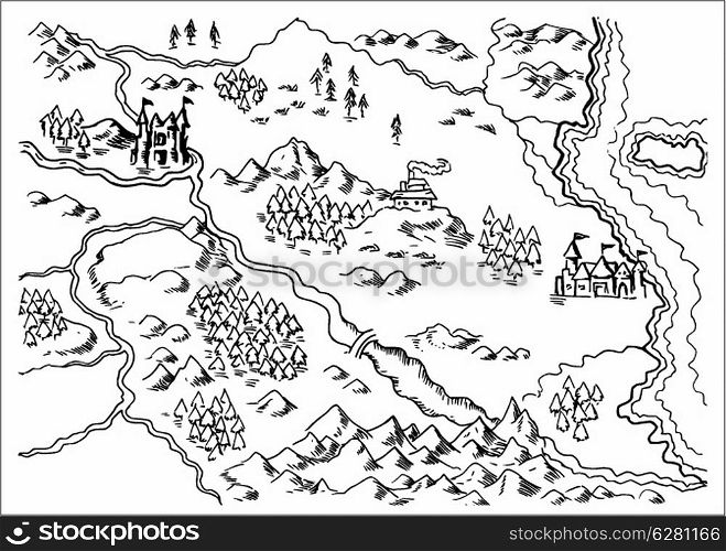 illustration drawing of a map of a fantasy land showing rivers, mountain range,trees,forest,monastery,castles,road,sea,coast,land on white background