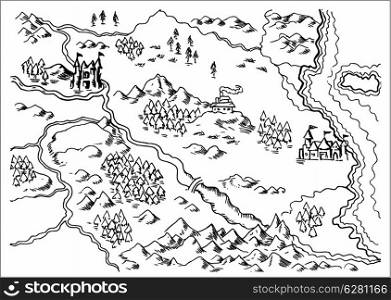 illustration drawing of a map of a fantasy land showing rivers, mountain range,trees,forest,monastery,castles,road,sea,coast,land on white background