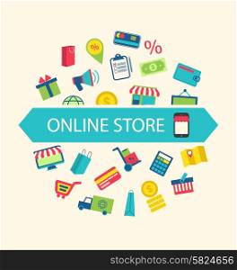 Illustration E-commerce Shopping Symbols, Online Shop Elements and Commerce Item - Vector