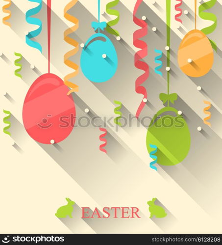 Illustration Easter Background with Colorful Eggs and Serpentine, Trendy Flat Style with Long Shadows - Vector