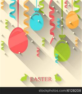 Illustration Easter Background with Colorful Eggs and Serpentine, Trendy Flat Style with Long Shadows - Vector