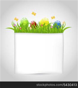 Illustration Easter colorful eggs in green grass with empty paper for your text - vector