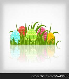 Illustration Easter natural background with traditional colorful eggs in grass meadow - vector