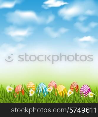 Illustration Easter natural landscape with traditional painted eggs in grass meadow, blue sky and clouds - vector
