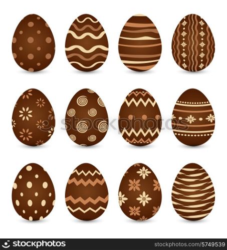 Illustration Easter set chocolate ornate eggs with shadows isolated on white background - vector