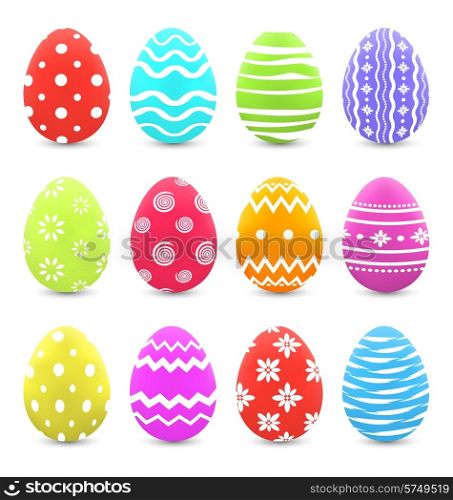 Illustration Easter set colorful ornate eggs with shadows isolated on white background - vector