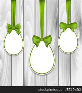 Illustration Easter three papers eggs wrapping green bows on grey wooden background - vector