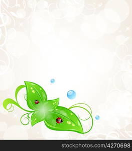 Illustration eco friendly background with green leaves and ladybugs - vector