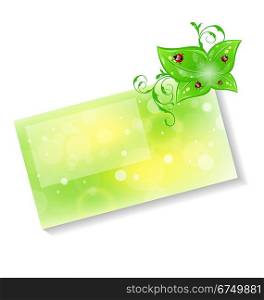 Illustration eco friendly card with green leaves and ladybugs - vector