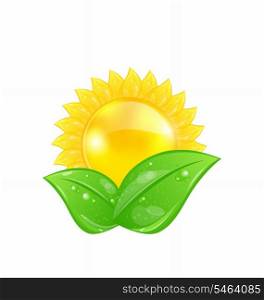Illustration eco friendly icon with sun and green leaves, isolated on white background - vector