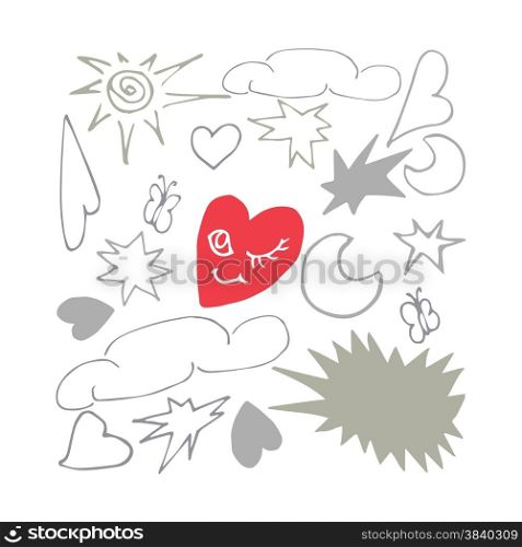 Illustration elements set with a winking heart in the middle