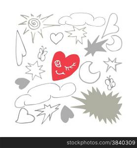 Illustration elements set with a winking heart in the middle