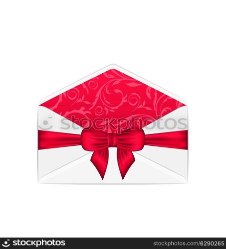 Illustration empty open white envelope with pink bow ribbon, isolated on white background - vector