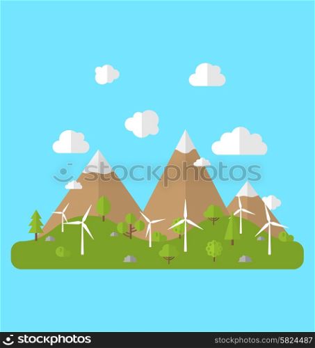 Illustration Environment with Wind Generators, Green Valley, Trees, Mountain, Blue Sky. Concept of Alternative Energy Sources - Vector