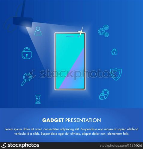 Illustration Event New Gadget Presentation World. Banner Vector Mobile Phone in Light Soffit. Showing New Function and Possibility Device, Security, Smart, Long Working Time, Personalization