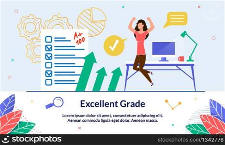 Illustration Excellent Grade, Happy Event, Slide. Girl Casual Clothes Jumps and Exults from Receiving Positive Result for an Exam or Test. Successful Passing Exam Delight for Student.