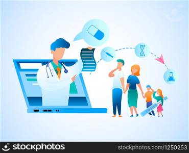 Illustration Family Consultation Doctor Online. Vector Image Man and Woman Holding Sick Children by Hand. Doctor Gives Prescription Treatment from Screen Laptop Monitor. Online Physician Consultation