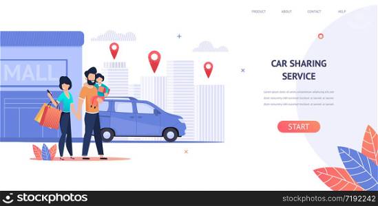 Illustration Family Rent Car near Shopping Mall. Vector Banner Smart Car Sharing Service any Location City. Woman Uses Mobile Application on Phone. Man Hold Daughter Hand. Husband and Wife. Cityscape