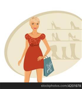 Illustration fashion girl shopping in shoe shop - vector
