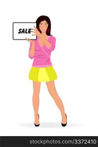 Illustration fashion shopping girl showing message board &acute;&acute;sale&acute;&acute; - vector