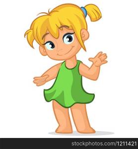 Illustration featuring a blond girl in a green dress presenting. Holiday vector illustration cartoon style for greeting card, poster, banner. Blond teenager girl standing talking summer illustration. Cartoon cute little girl