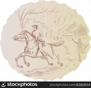 illustration featuring American revolution Paul Revere soldier or general riding horse. American revolution soldier riding horse